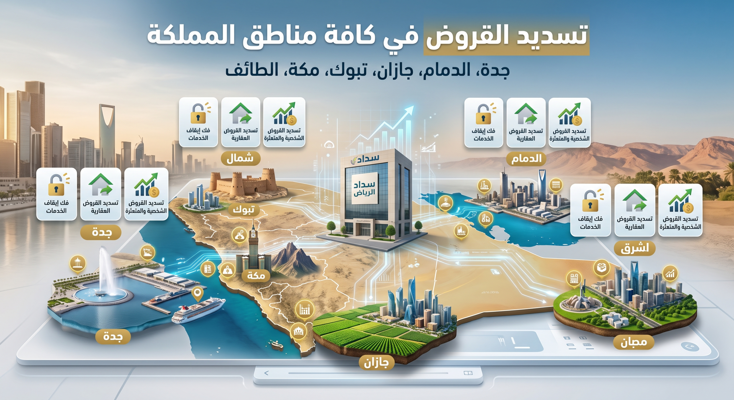 تسديد القروض في مناطق المملكة جدة، الدمام، جازان، تبوك، مكة، الطائف